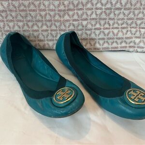 Tory Burch Turquoise Flats with Gold Logo